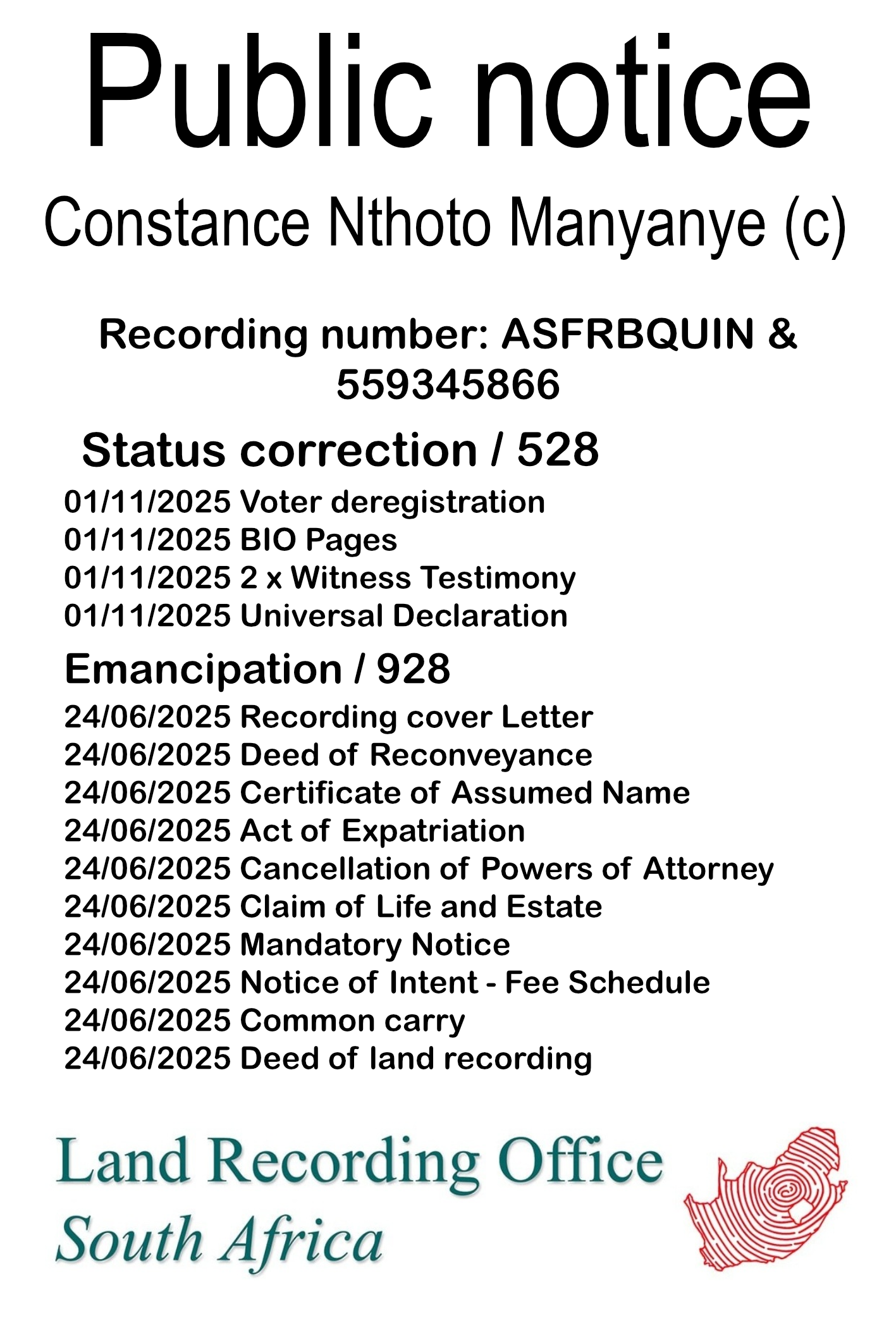 Public notice Constance Nthoto Manyanye (c) Recording number ASFRBQUIN & 559345866